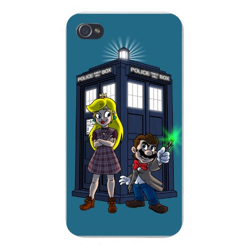 Apple iPhone Custom Case 5 / 5S White Plastic Snap On – Character Group w/ Public Call Box Funny Video Game & Doctor Science Fiction TV Show Parody