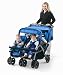 Foundations Quad - Four Child Stroller - 40-NM-BO Our Quad Stroller features side-by-side design to facilitate child interaction and at 33" wide in the open position will fit through standard doorways. Foundations is leading the way in Multi-Child Strollers. Foundations&reg; strollers are designed for the ultimate in safety, ease of use, durability, and value. Every stroller features comfortable seating with independent recline positions, individual easy-to-use harnesses for safety, and canopies to block sun or foul weather. Caregiver will appreciate the easy to clean heavy-duty fabric, as well as the extra large storage baskets. All strollers fold easily and compactly for storage when not in use. Constructed of heavy-duty tubing for years of reliable use. One year warranty on workmanship and manufacturer's defects. Braking Systems: All Foundations&reg; strollers include our innovative braking systems. The Safebrake system engages when the caregiver releases the handle eliminating the risk of a runaway stroller and an additional foot activated brake secures the stroller when parked. Foundations Quad - Four Child Stroller - 40-NM-BO 3-point harness Extra large storage baskets Canopies included Wheels are made of durable rubberized foam that provides the shock absorbing comfort of air filled wheels Open dimensions: 47"Lx32"Wx40.5"H Folded dimensions: 41"Lx32"Wx22"H Stroller weight: 57 lbs Weight limit: 40 lbs per seat Seat width: 11.5" Seat recline: Front sides: 0-25 degrees Rear seats: 25-60 degrees Distance of seat to canopy: 19" Distance from rear seat edge and front seat back: 5" Color: Blue Dimensions: 48.5 x 33 x 39.5 UPC: 183317000854
