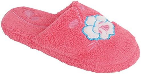 New Women's Microterry Spa Slide House Slippers Accented With Embroidered Rose (Size Large/ 9-10 B(M) US, Burgundy)