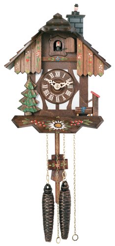 River City Clocks Chalet Style One Day Cuckoo Clock with Chimney Sweeper that Pops In and Out of the Chimney – 9 Inches Tall – Model # 22-09P