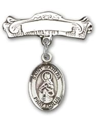 Sterling Silver Baby Badge with St. Matilda Charm and Arched Polished Badge Pin