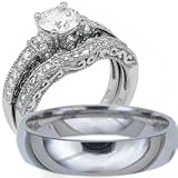 His & Hers, 925 Sterling Silver & Titanium Engagement Wedding Ring Set, AVAILABLE SIZES men's 8,9,10,11,12; women's set: 5,6,7,8,9
