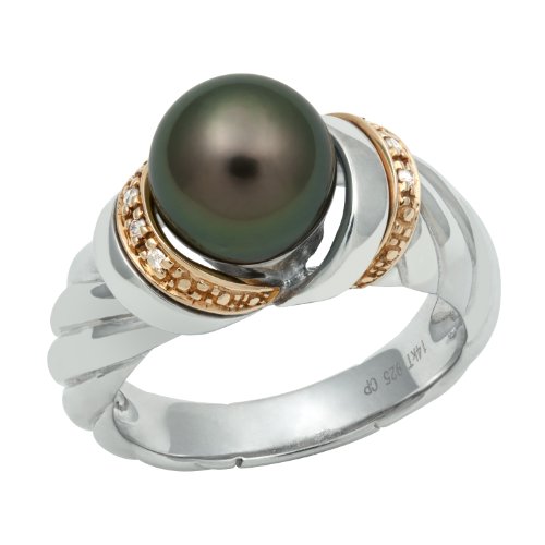 14K Yellow Gold and .925 Sterling Silver Tahitian Black Pearl and Diamond Ring TR-10067-AM