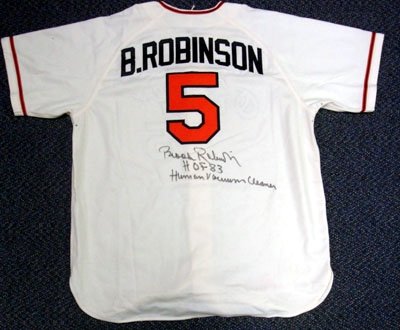 Brooks Robinson Autographed/Hand Signed Mitchell & Ness Baltimore Orioles White Jersey HOF 83 & Huma