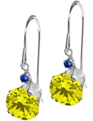 1.64 Ct Round Canary Diamond Blue Sapphire 14K White Gold Earrings