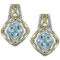 Silver and 10k Gold Blue Topaz and Diamond Earrings by Amour