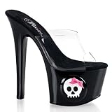 SKY-301SK, Slip-On Mule With Cartoon Skull With Bow, & 6 3/4 Inch Heel.