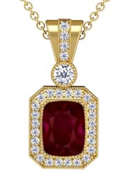 18K Yellow Gold Cushion Cut Ruby And Round Diamond Pendant
