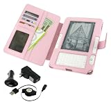 Pink Full Genuine Leather Case with Retractable USB Cable Charge Kit for Amazon Kinde 2 (Old Version) E-Reader Reading Device (Kindle NOT Included)