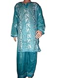 Party Wear Suits- Turquoise Blue White Embroidered Cotton Kids Wear Salwar Kameez Dupatta