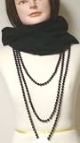 Hand Made Double Knit Black Cotton Neck Scarf Tube Balaclava Offered with Very Long Seventy Inches Shown As Two Strand and One Forty Five Inches Simulated Black Pearls Necklace and Earrings