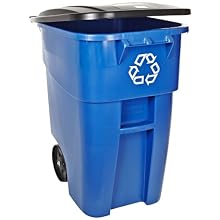 Rubbermaid Commercial Brute 50-Gallon Recycling Rollout Container with Lid, Rectangular, 23.4" Width x 28.5" Depth x 36.5" Height, Blue