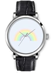 SPRAWL Aanalog Fashion Series Silver Ladies Watches of Genuine Black Leather Strap,Unique Wrist Watch for Women Girls Designed with rainbow