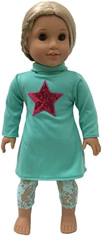 Glamerup: Stella in MINT - Turtleneck Long Sleeve Dress (Pink Sequined Star) with Matching Lace Leggings - Made to Fit Most 18 inch Dolls