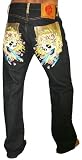 ED HARDY Christian Audigier SMET Mens Red Head Skull Relaxed Fit Jeans Raw Denim Pants 32 Inseam