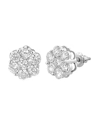 14K White Gold 2.02CT Diamond Flower Stud Earrings Pave Round Cut 2.3gr.