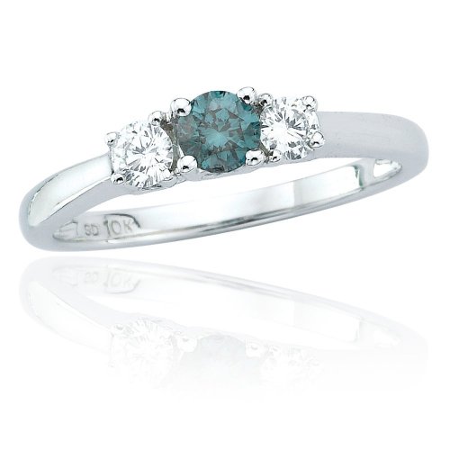 10k White Gold Blue and White Diamond 3-Stone Ring (1/4 ct center, 1/2 cttw)