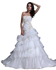A-line Strapless Dropped   Waistline Lace Tiered Organza Floor Length  Dress