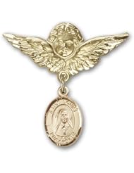14K Gold Baby Badge with St. Louise de Marillac Charm and Angel with Wings Badge Pin