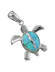 925 Silver Rhodium Blue Opal Turtle Pendant 19mm Hawaiian Silver Jewelry