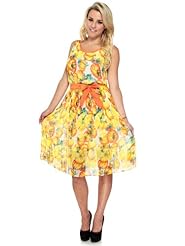 Summer Sleeveless General Print Scoop Neck Chiffon/Silk Pleated Sheer  Dress With a Sash 
