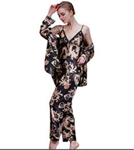 Xiaotuzai Natural Women Sexy Imitated Silk Fabric Pajamas 3Pcs Dragon Floral Printed Summer Pyjamas Sleepwear Loungewear Lady Nightwear Nightgown BlackM Comfortable