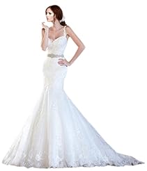 Mermaid Belted  Lace Spaghetti Strap Wedding Dress  With Pearls