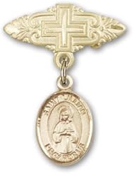 14K Gold Baby Badge with St. Lillian Charm and Badge Pin with Cross