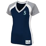 MLB Women's Seattle Mariners Opal Short Sleeve Raglan Deep V-Neck Synthetic Tee (Athletic Navy/Stone Gray/White/Athletic Navy, Small)