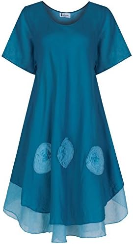 100% Cotton Short Sleeve Ladies Dress Bo Ho Lagenlook Hippie Style NANDR194 (Blue)