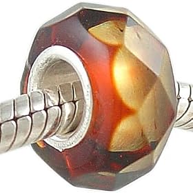 Faceted Natural Amber Bead with Solid 925 Sterling Silver Core fits European Charm Bracelet