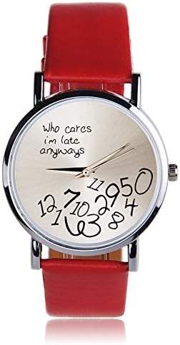 Sanheshun Women's PU Leather Wristwatch Who Cares I'm Late Anyways Letter Quartz Watch Red