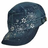 BLUE DISTRESSED COTTON RHINESTONED MILITARY CAP HAT
