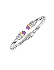 18K Yellow Gold and Sterling Silver Italian Cable Bangle with Amethyst Dome Ends