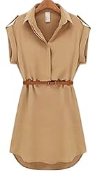 V-neck Chiffon Belted Cap Sleeves Short Sleeves Mini Dress 