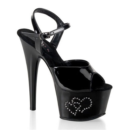 Pleaser Shoes Women's ADORE-709RE-2, 6 1/2'' Stiletto Heel Ankle Strap Platform Sandal W/Rhinestone-Embedded Double Hearts Lettering. from Pleaser