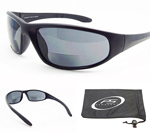 Bifocal sunglasses with ANSI Z87 Polycarbonate Smoke Lenses. Microfiber Cleaning Case included.