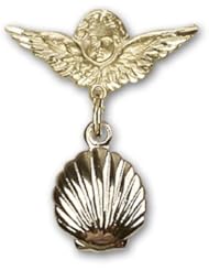 14kt Gold Baby Badge with Shell Charm and Angel w/Wings Badge Pin