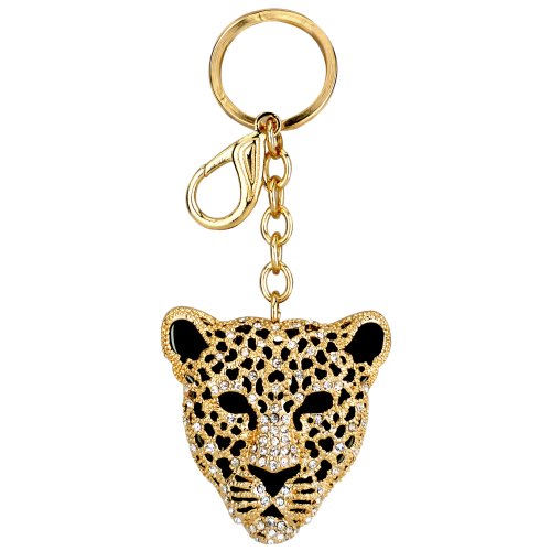 Gold Leopard Mask Crystals Rhinestone Handbag Purse Charm / Key Chain Keyring Holder