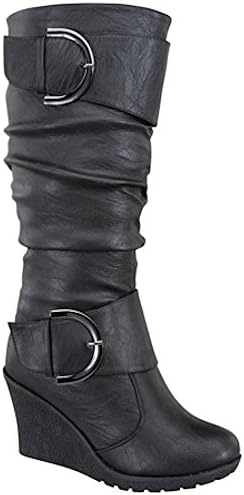 Women's Black Knee High Dual Buckle Wedge Boots