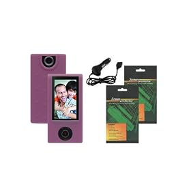 iShoppingdeals - Pink Skin Case Cover + Auto Car Charger + Screen Protector for Sony Bloggie MHS-FS1 4GB 2 Hours