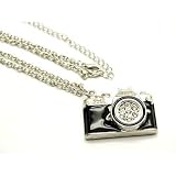 X-Large & Long Art Deco Old Fashioned Camera Charm Necklace with Crystals Silver Tone