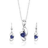 Sterling Silver Heart Shape Sapphire Pendant Earrings and 18 inch Necklace Set