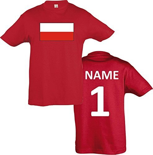 Kids T-Shirt Polen Poland Ländershirt mit Wunschnamen und Nummer diverse Farben, Farbe rot, Größe 140
