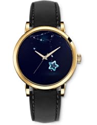 SPRAWL Aanalog Fashion Series Gold Ladies Watches of Genuine Black Leather Strap,Unique Wrist Watch for Women Girls Designed with Blue star on black background