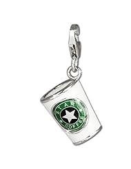SilberDream Charm white and green enameled coffeecup, 925 Sterling Silver Charms Pendant with Lobster Clasp for Charms Bracelet, Necklace or Earring FC666