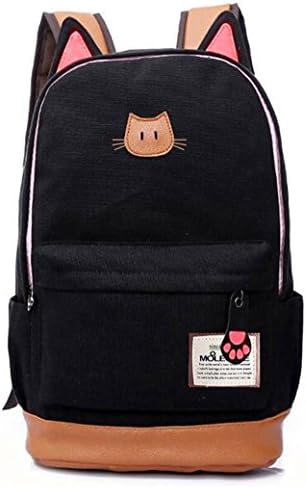 Lu Lucia Leather &amp; Canvas Backpack School Bag Laptop Bag with Cat's Ears Design (black)