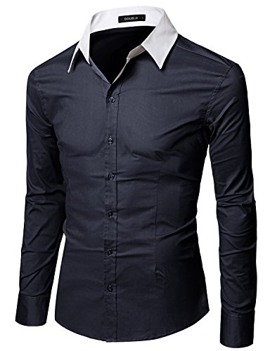 Doublju Men Simple Long Sleeve Color Detail Casual Dress Shirt