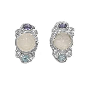 Sterling Silver Moonstone Face, Iolite and Aquamarine Post Earrings By Sajen by Sajen Sterling Silver