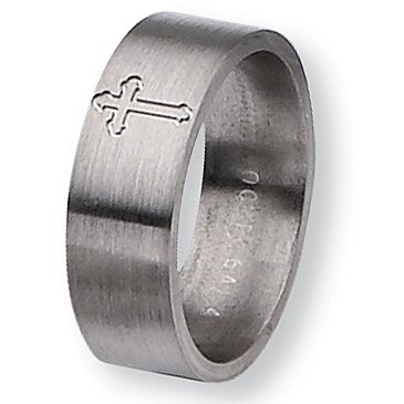 Flat Brushed Titanium Ring with Cross Design (8.0 mm) With Wood Box - Sizes 8-12